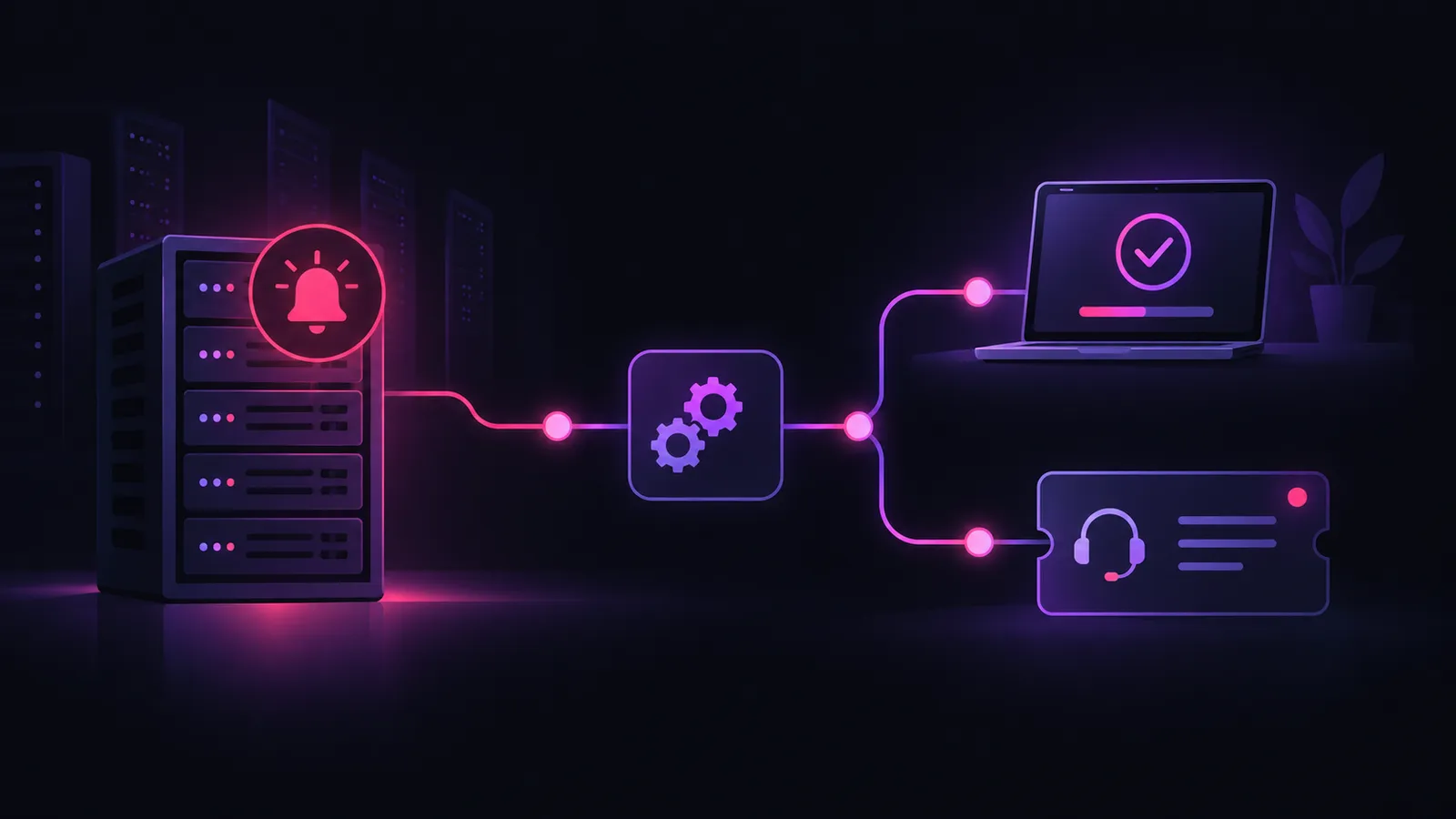 Workflow IT łączący alerty serwera, wdrożenie nowego pracownika i helpdesk
