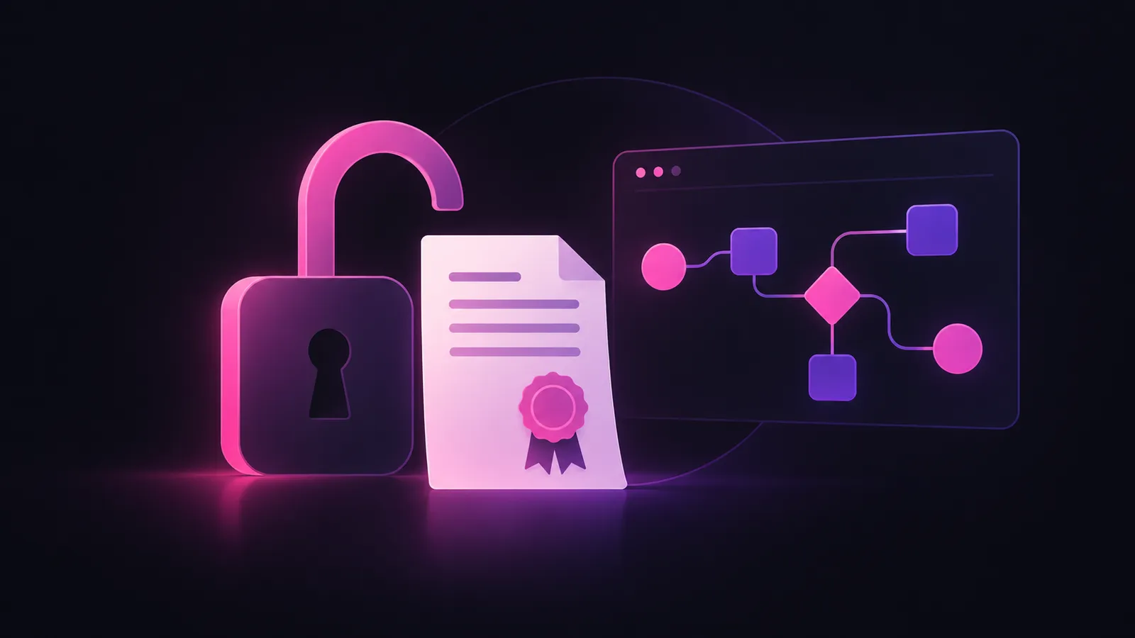 Otwarta kłódka i dokument licencji obok schematu workflow