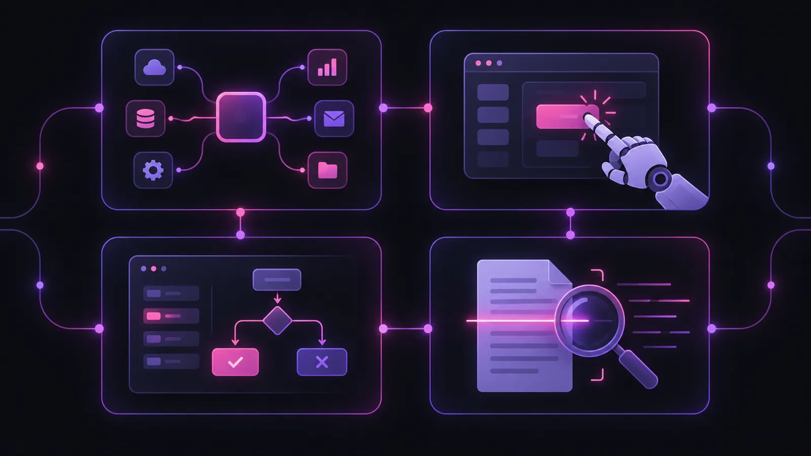 Cztery rodzaje narzędzi do automatyzacji: platforma integracyjna, robot RPA, reguły wbudowane w system i AI czytające dokumenty